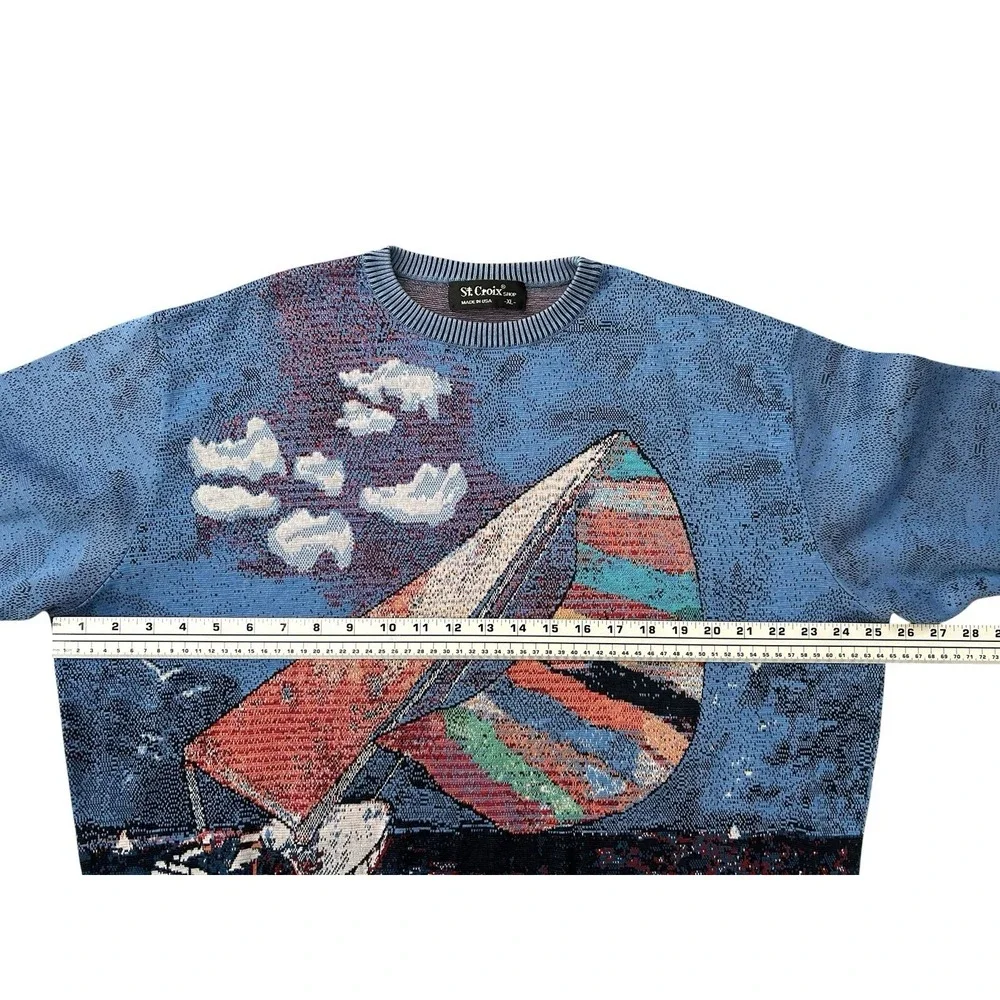 Vintage St. Croix Knits Sweater Men's XL Blue Sailboat Clouds Nautical Jacquard